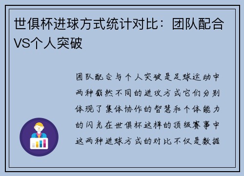 世俱杯进球方式统计对比：团队配合VS个人突破