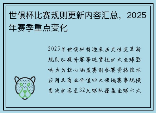 世俱杯比赛规则更新内容汇总，2025年赛季重点变化